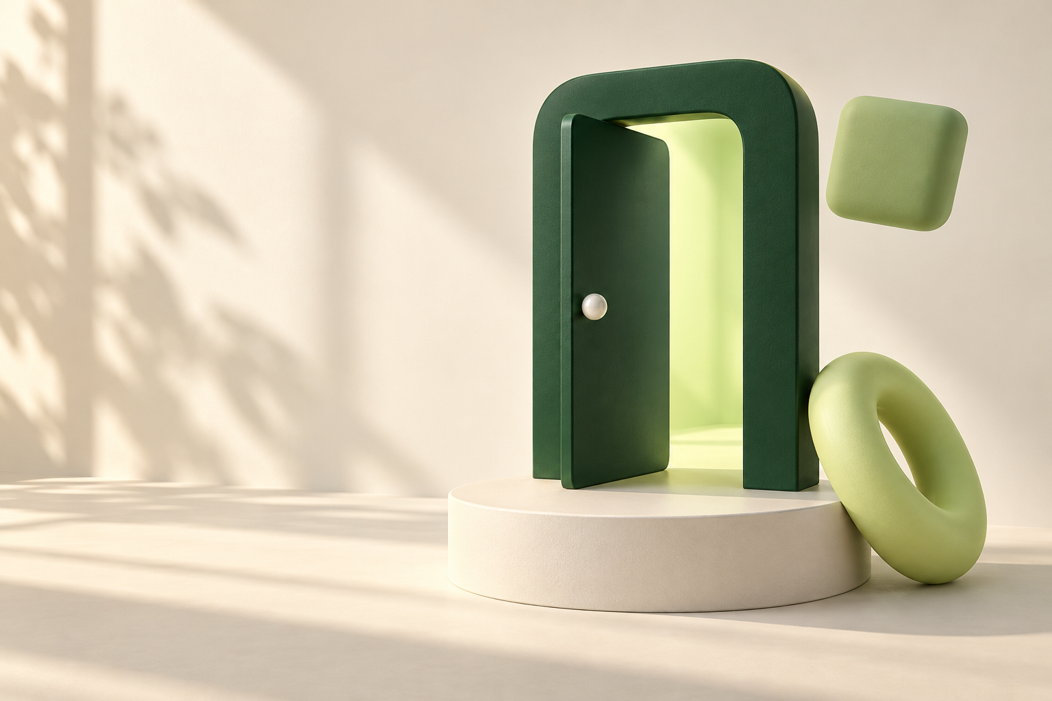 Puerta verde tridimensional sobre una plataforma color crema