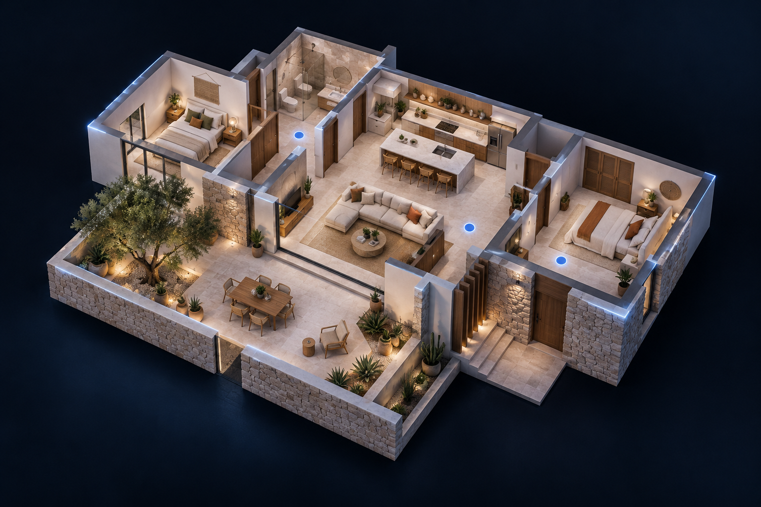 Modelo arquitectónico conceptual de una casa abierta, con interiores visibles y puntos de recorrido azules